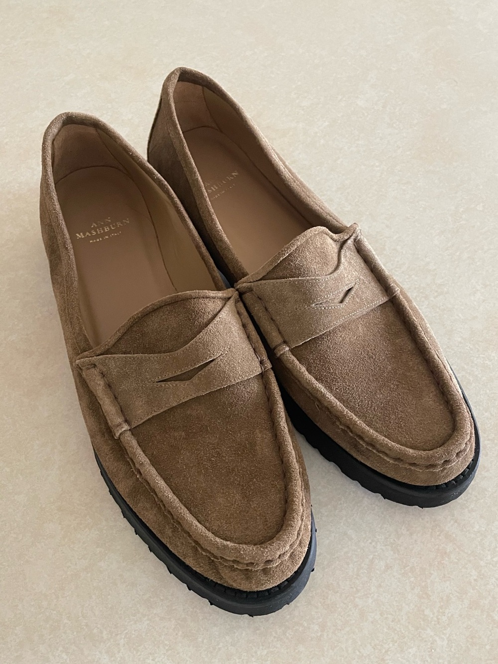 ANN MASHBURN Lug Sole Penny Loafers Brown Suede Womens Size 39.5 US 9 Extralight